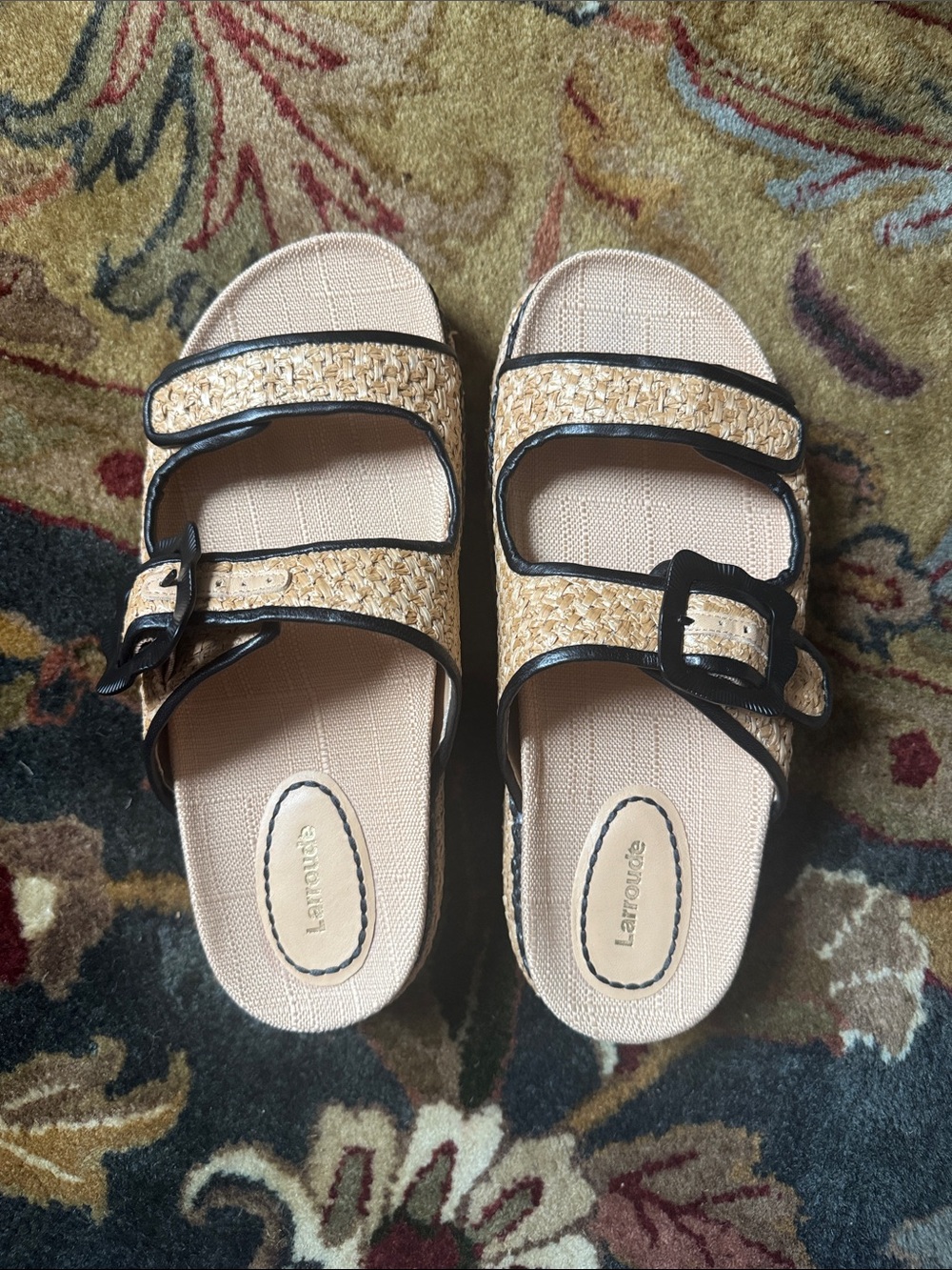 Larroudé Maui Slide In Tapestry Natural Raffia and Black Trimming Women’s 9.5